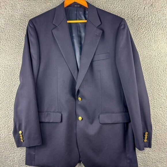 Chaps Blazer Men 44L Blue Wool Suit Jacket Business Casual Wedding Gold Buttons - Picture 1 of 15